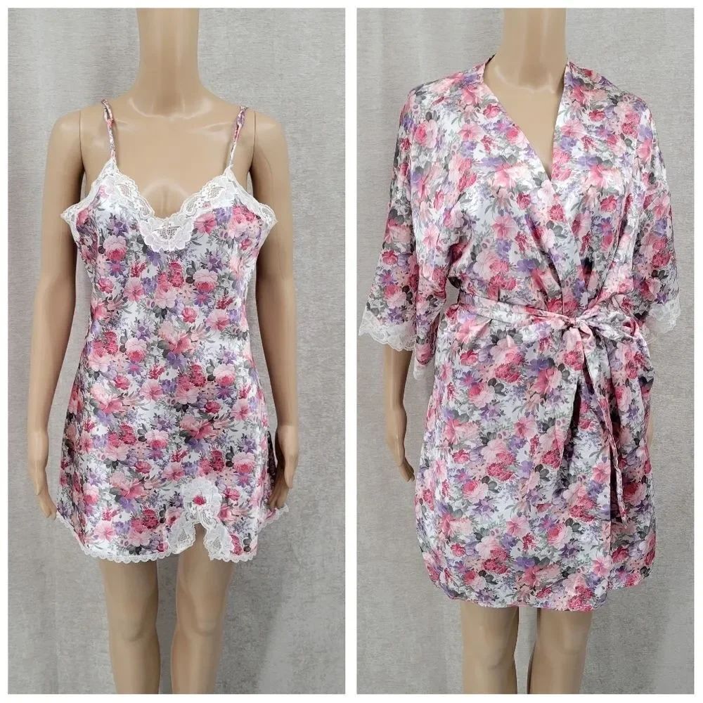Floral Satin Lace Slip Dress Chemise Negligee and Matching Robe Set Pink